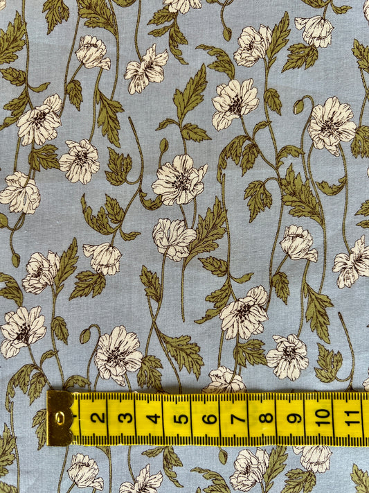 White Flower on Blue Lawn Fabric by Hokkoh (sold in 25cm increments)