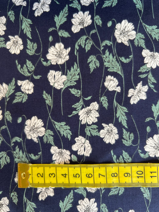 White Flower on Navy Lawn Fabric by Hokkoh (sold in 25cm increments)