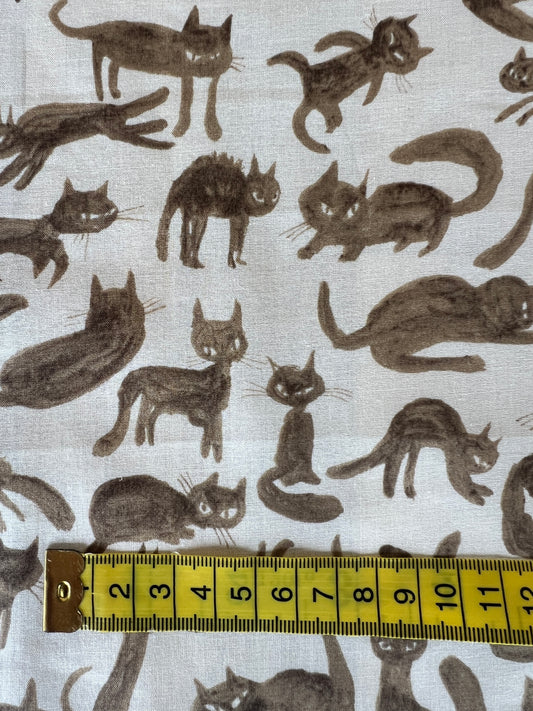 Cats Brown on White Lawn Fabric by Hokkoh (sold in 25cm increments)