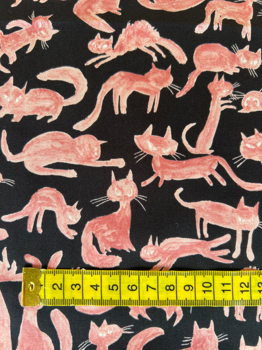 Cats Pink on Black Lawn Fabric by Hokkoh (sold in 25cm increments)