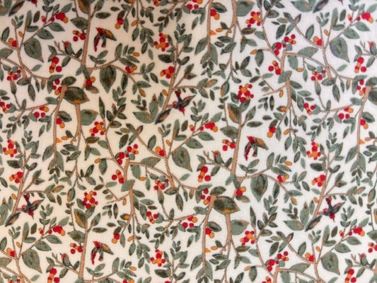 Red Orange Berries on White Lawn Fabric by Hokkoh (sold in 25cm increments)