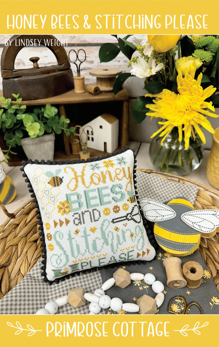 Honey Bees and Stitching Please Cross Stitch Pattern Primrose Cottage Stitches