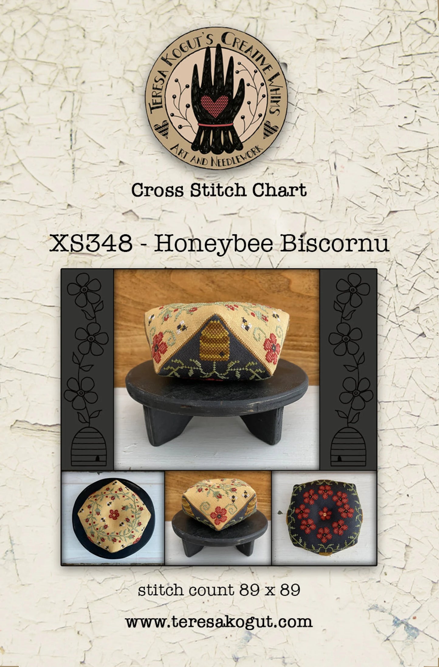 Honeybee Biscornu Cross Stitch pattern by Teresa Kogut