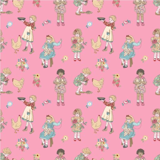 Hopscotch and Freckles Childrens Chores Pink HF21901 by Lori Woods for Poppie Cotton (sold in 25cm increments)