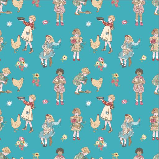 Hopscotch and Freckles Childrens Chores Teal HF21902 by Lori Woods for Poppie Cotton (sold in 25cm increments)