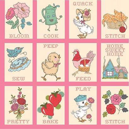 Hopscotch and Freckles Pretty Stitches Pink Panel HF21904 by Lori Woods for Poppie Cotton