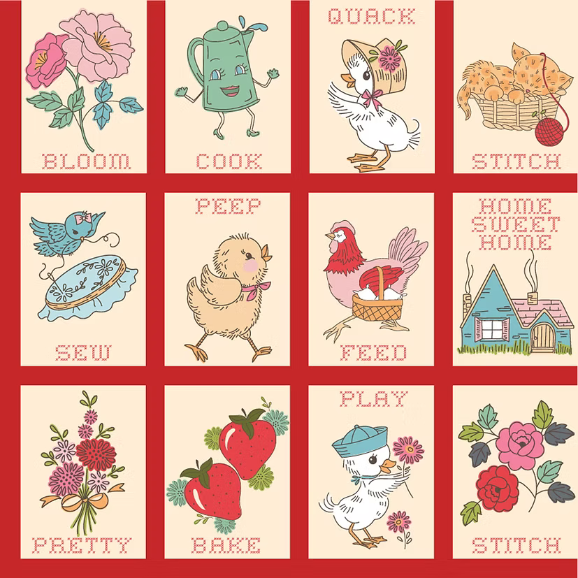 Hopscotch and Freckles Pretty Stitches Red Panel HF21903 by Lori Woods for Poppie Cotton