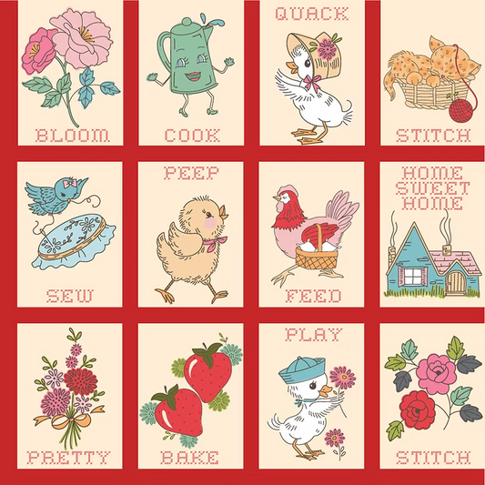 Hopscotch and Freckles Pretty Stitches Red Panel HF21903 by Lori Woods for Poppie Cotton