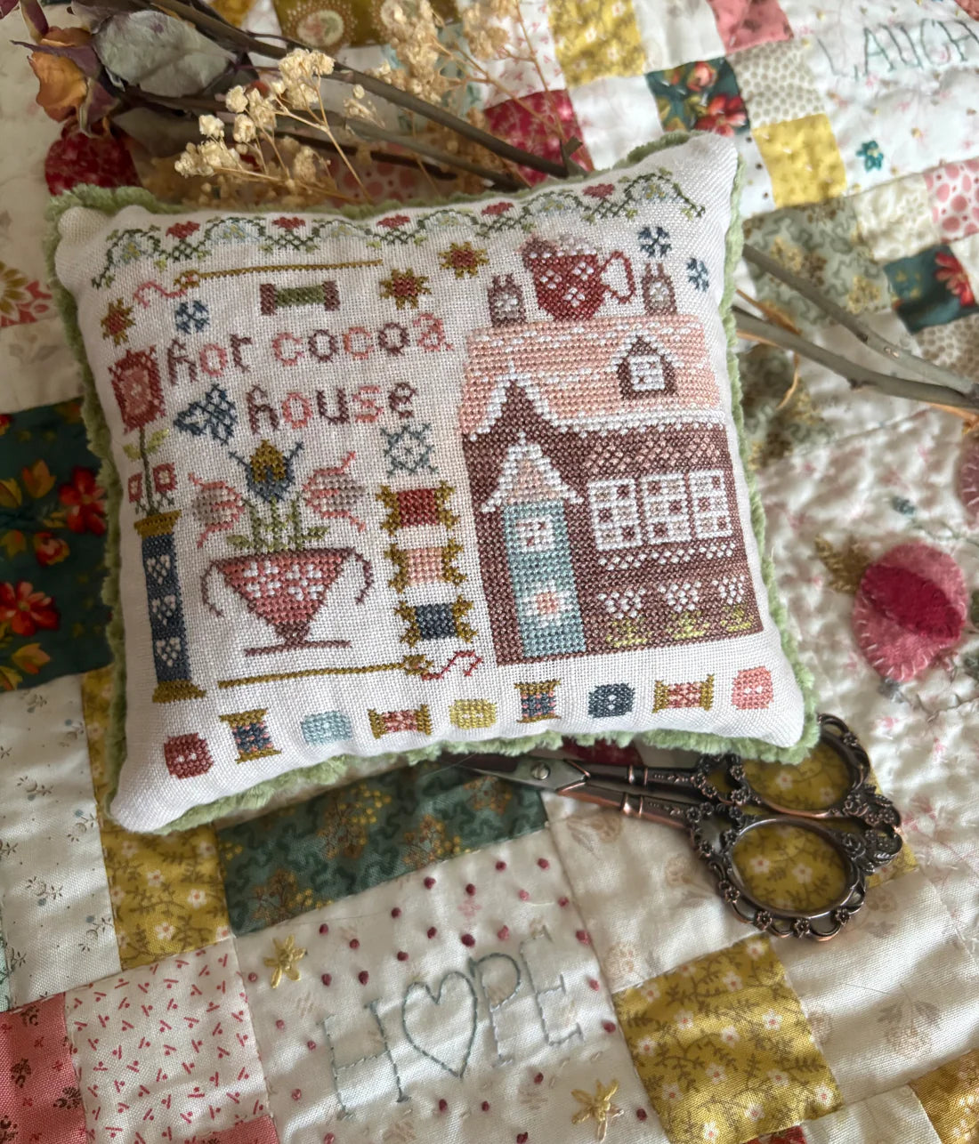 Hot Cocoa House Cross Stitch Pattern Pansy Patch Quilts and Stitchery