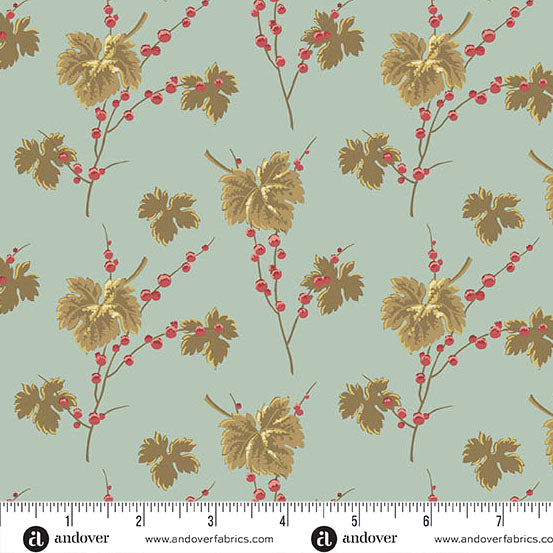 Jingle Bell Leaves & Berries Vintage Blue A10345B by Laundry Basket Quilts for Andover (sold in 25cm increments)