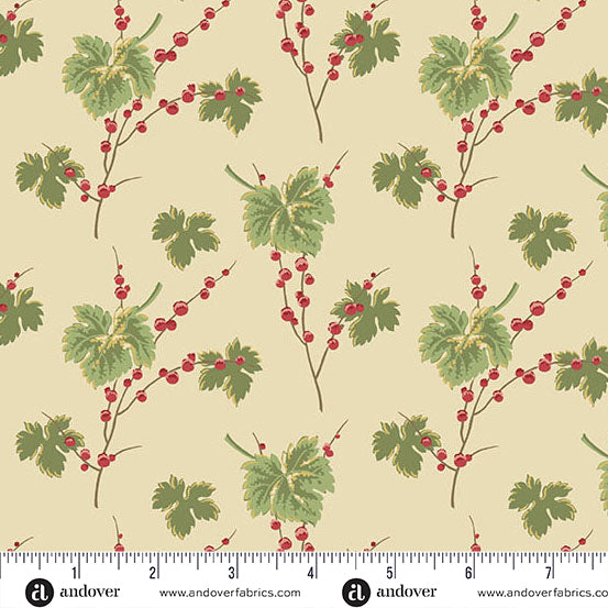 Jingle Bell Leaves & Berries Buttercream A10345L by Laundry Basket Quilts for Andover (sold in 25cm increments)