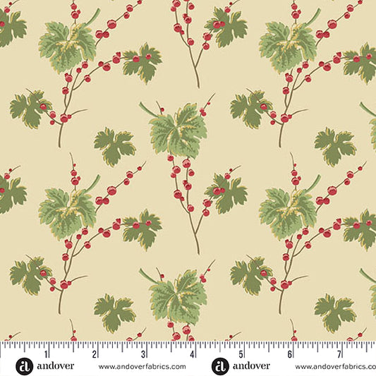 Jingle Bell Leaves & Berries Buttercream A10345L by Laundry Basket Quilts for Andover (sold in 25cm increments)