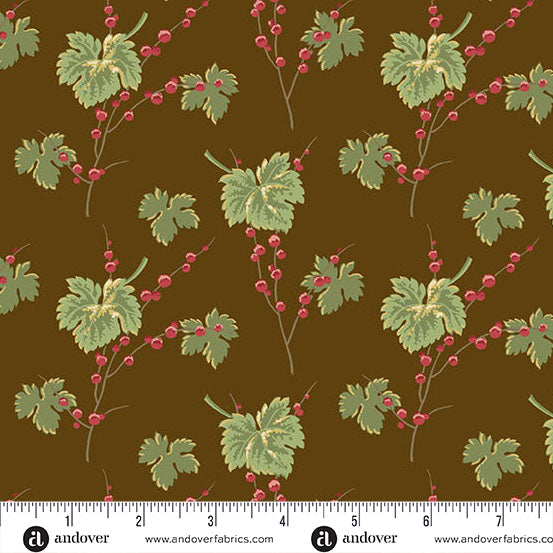 Jingle Bell Leaves & Berries Chocolate A10345N by Laundry Basket Quilts for Andover (sold in 25cm increments)