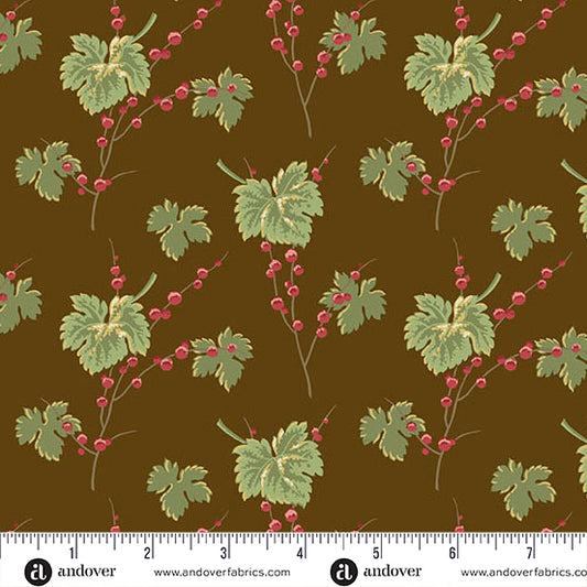 Jingle Bell Leaves & Berries Chocolate A10345N by Laundry Basket Quilts for Andover (sold in 25cm increments)