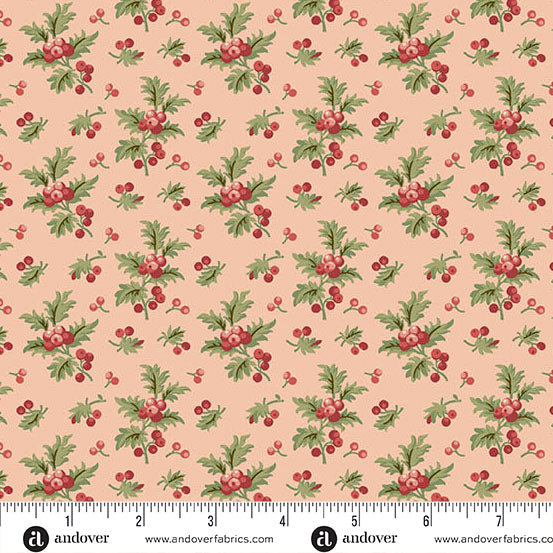Jingle Bell Holly Branch Strawberry A10351E by Laundry Basket Quilts for Andover (sold in 25cm increments)
