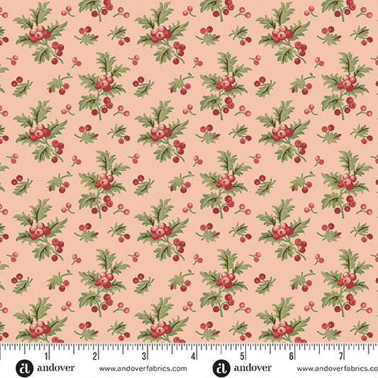 Jingle Bell Holly Branch Strawberry A10351E by Laundry Basket Quilts for Andover (sold in 25cm increments)