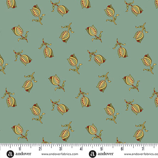 Jingle Bell Ornamental Tulips Vintage Blue A10353B by Laundry Basket Quilts for Andover (sold in 25cm increments)
