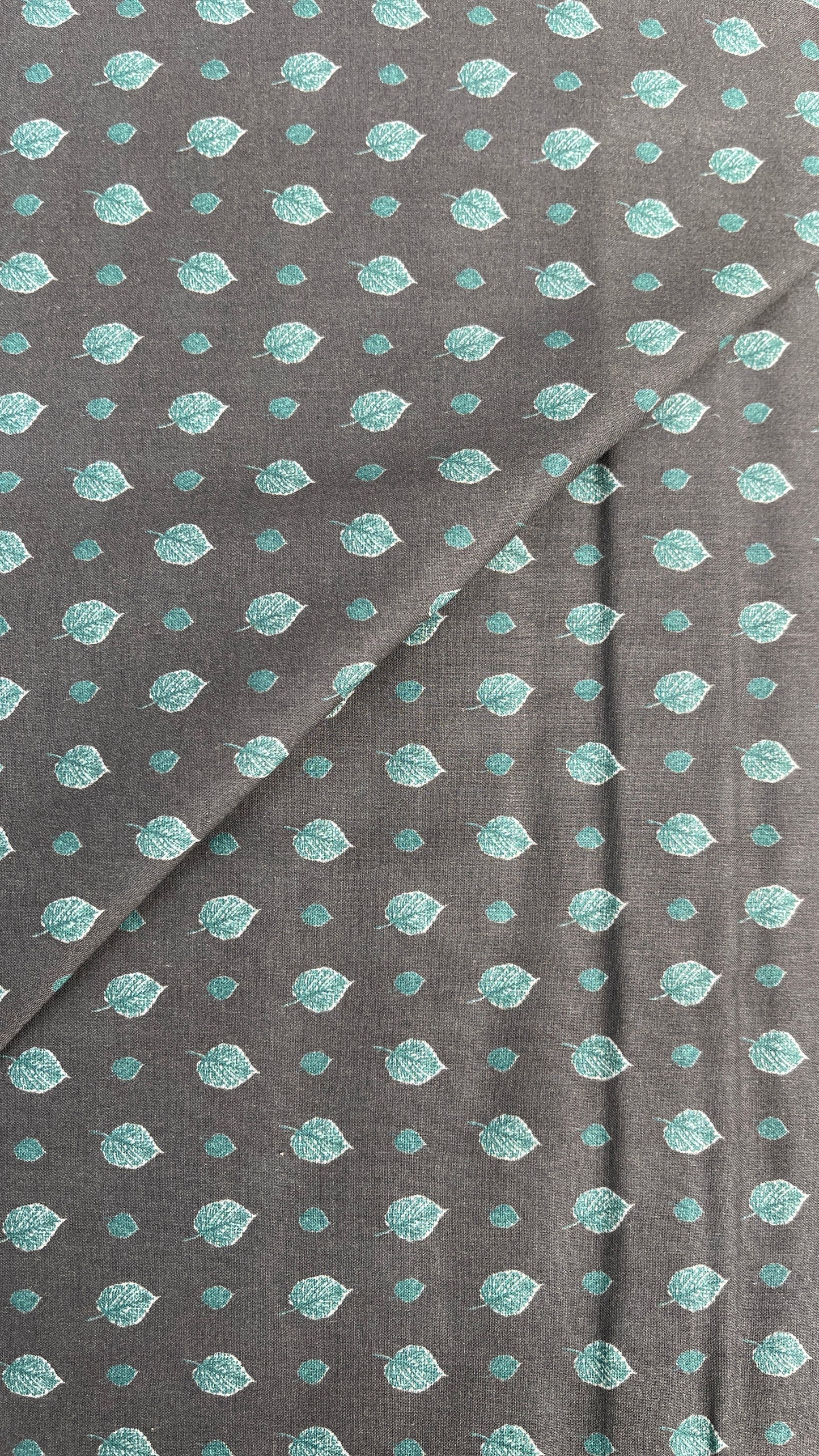 Green Leaves on Charcoal Voile PV142035 by La Ta Te (sold in 25cm increments)