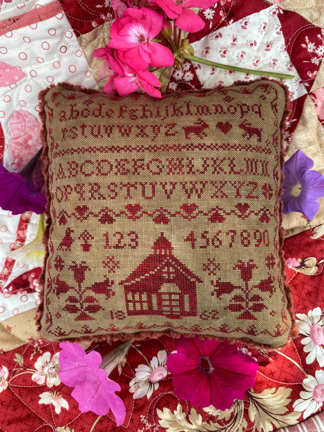 Little Red Schoolhouse Pinkeep Cross Stitch Pattern Pansy Patch Quilts and Stitchery