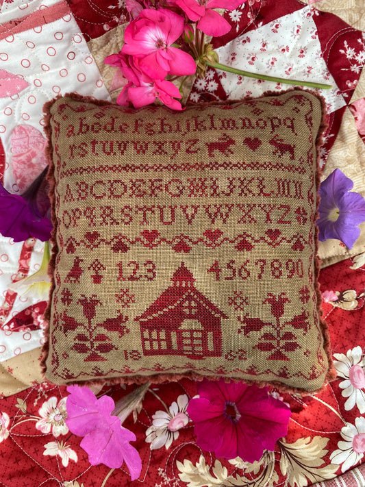 Little Red Schoolhouse Pinkeep Cross Stitch Pattern Pansy Patch Quilts and Stitchery