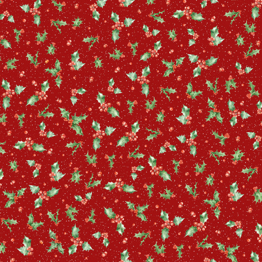 One Snowy Day Holly Dark Red 10376R2 by Hannah Dale of Wrendale Studios for Maywood Studio (sold in 25cm increments)