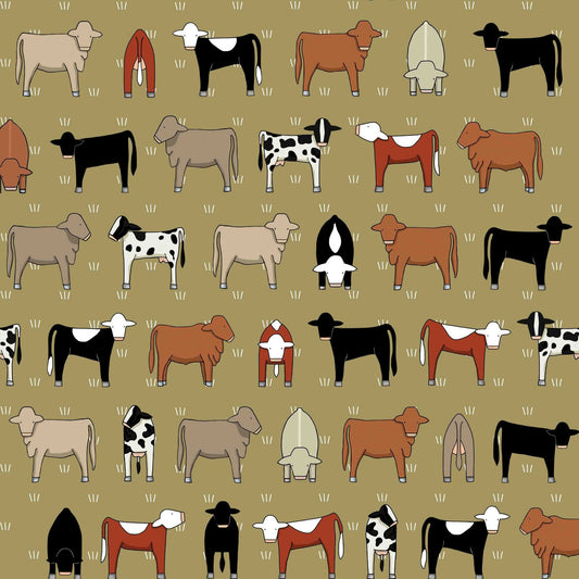 Mixed Cows on Olive by Red Tractor Designs (sold in 25cm increments)