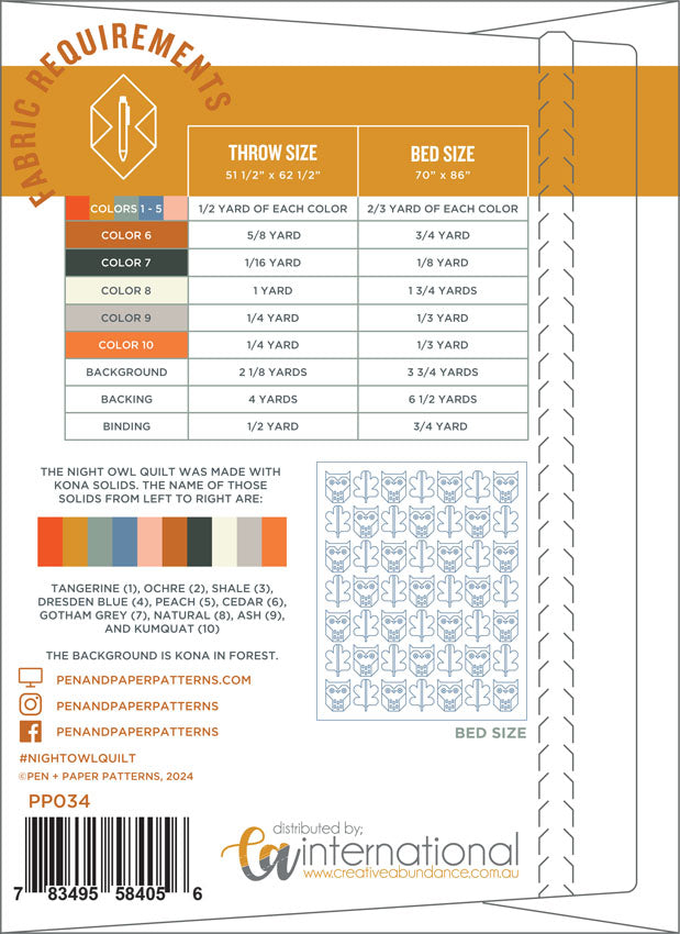Night Owl Quilt Pattern Pen and Paper