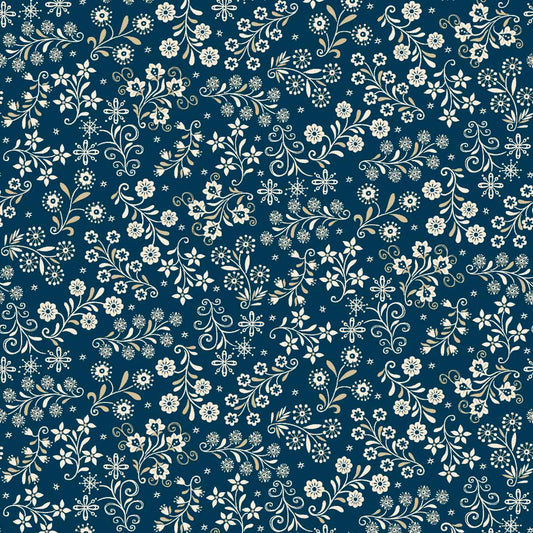Nordic Holiday Village 3610-77 Floral Vines Blue Cream by Mary Jane Carey for Henry Glass Fabrics (sold in 25cm increments)
