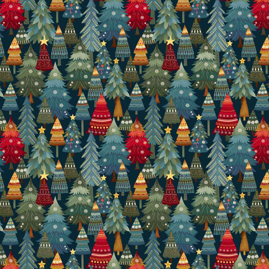 Nordic Holiday Village 3606-77 Stacked Trees Dark Blue by Mary Jane Carey for Henry Glass Fabrics (sold in 25cm increments)
