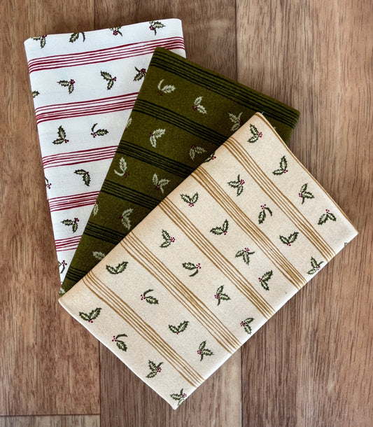 Old World Yuletide Holly Stripe Fat Eighth Bundle by Fancy That Design House for Moda Fabrics