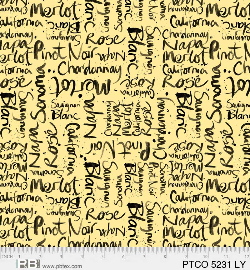 Pop the Cork Cream Wine Text PB5231LY by Mercedes Lopez Charro for PB Textiles (sold in 25cm increments)