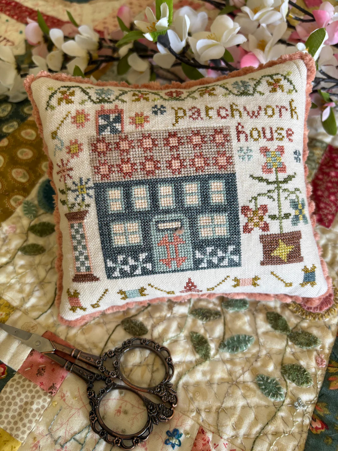 Patchwork House Cross Stitch Pattern Pansy Patch Quilts and Stitchery