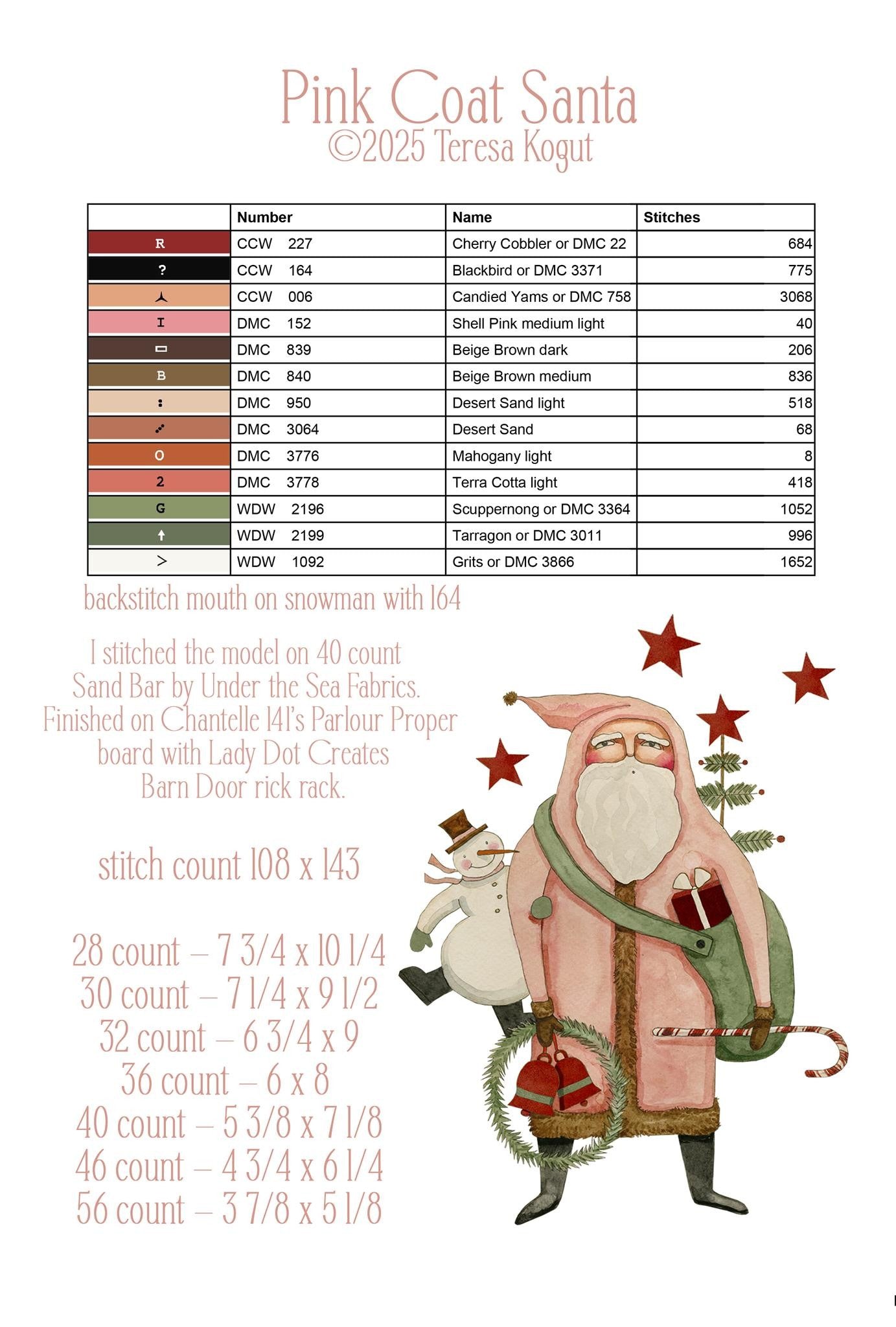 Pink Coat Santa Cross stitch pattern by Teresa Kogut