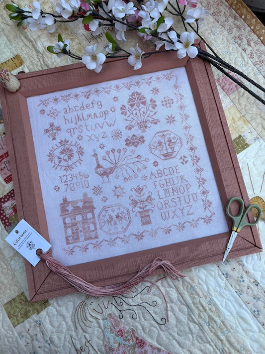 Pink Peacock Sampler Cross Stitch Pattern Pansy Patch Quilts and Stitchery