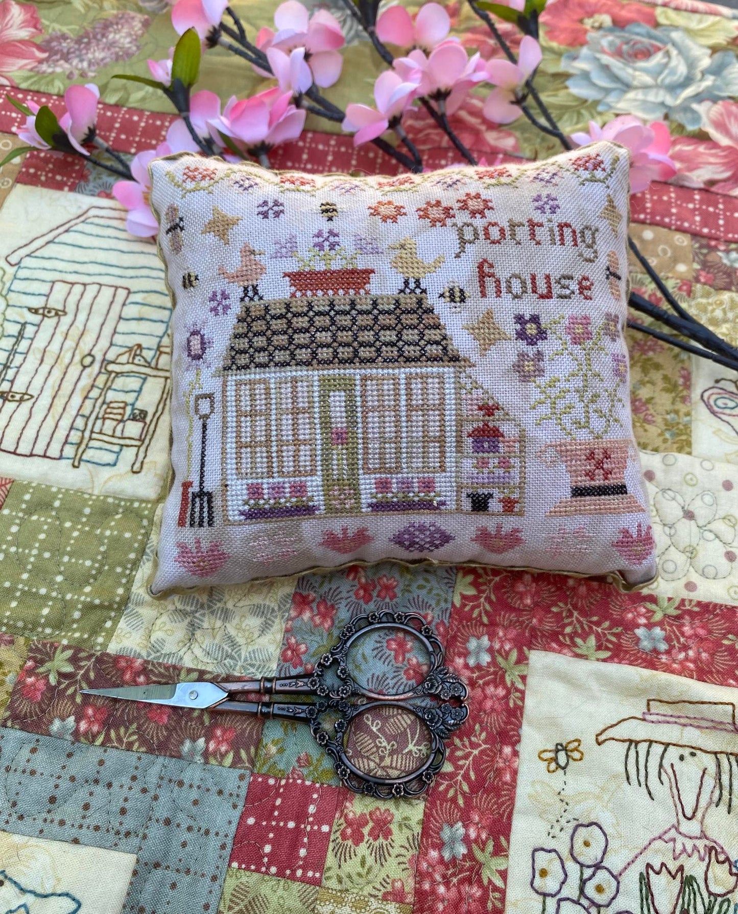 Potting House Cross Stitch Pattern Pansy Patch Quilts and Stitchery