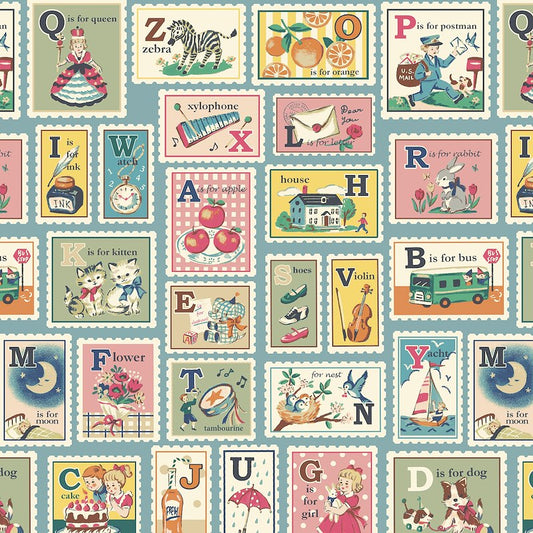 Hello Stamps Blue 011C by Cosmo Textiles (sold in 25cm increments)