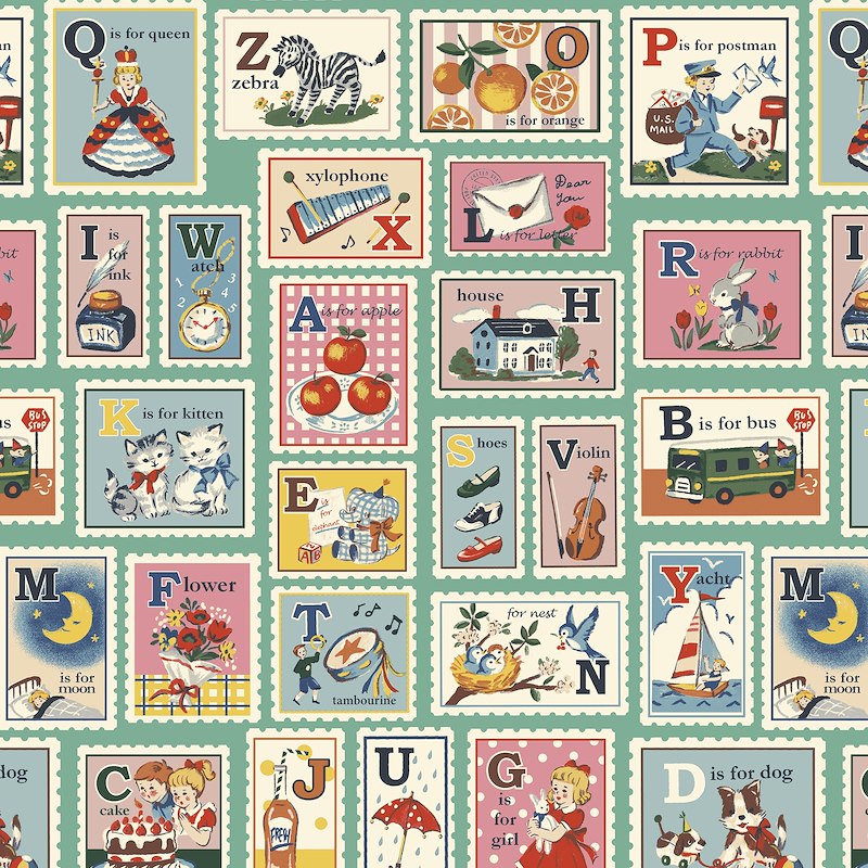 Hello Stamps Green 011D by Cosmo Textiles (sold in 25cm increments)