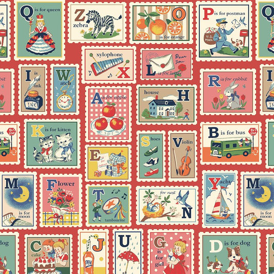 Hello Stamps Red 011E by Cosmo Textiles (sold in 25cm increments)