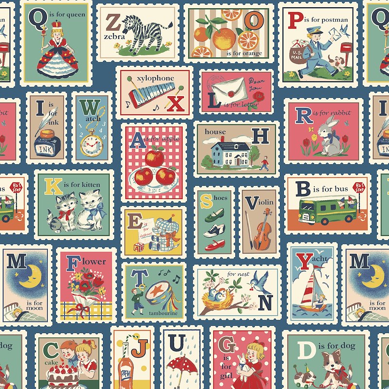 Hello Stamps Navy 011F by Cosmo Textiles (sold in 25cm increments)