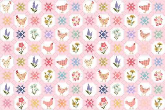 Homestead Quilted Countryside Pink PH23416 by Prairie Sisters for Poppie Cotton (sold in 25cm increments)