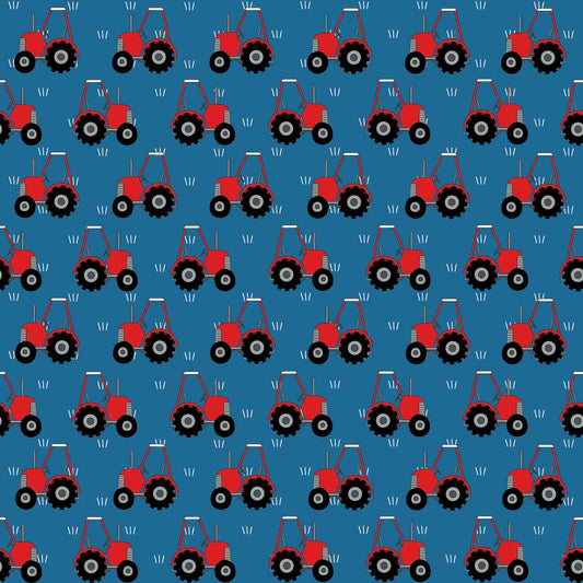 Red Tractors on Blue by Red Tractor Designs (sold in 25cm increments)