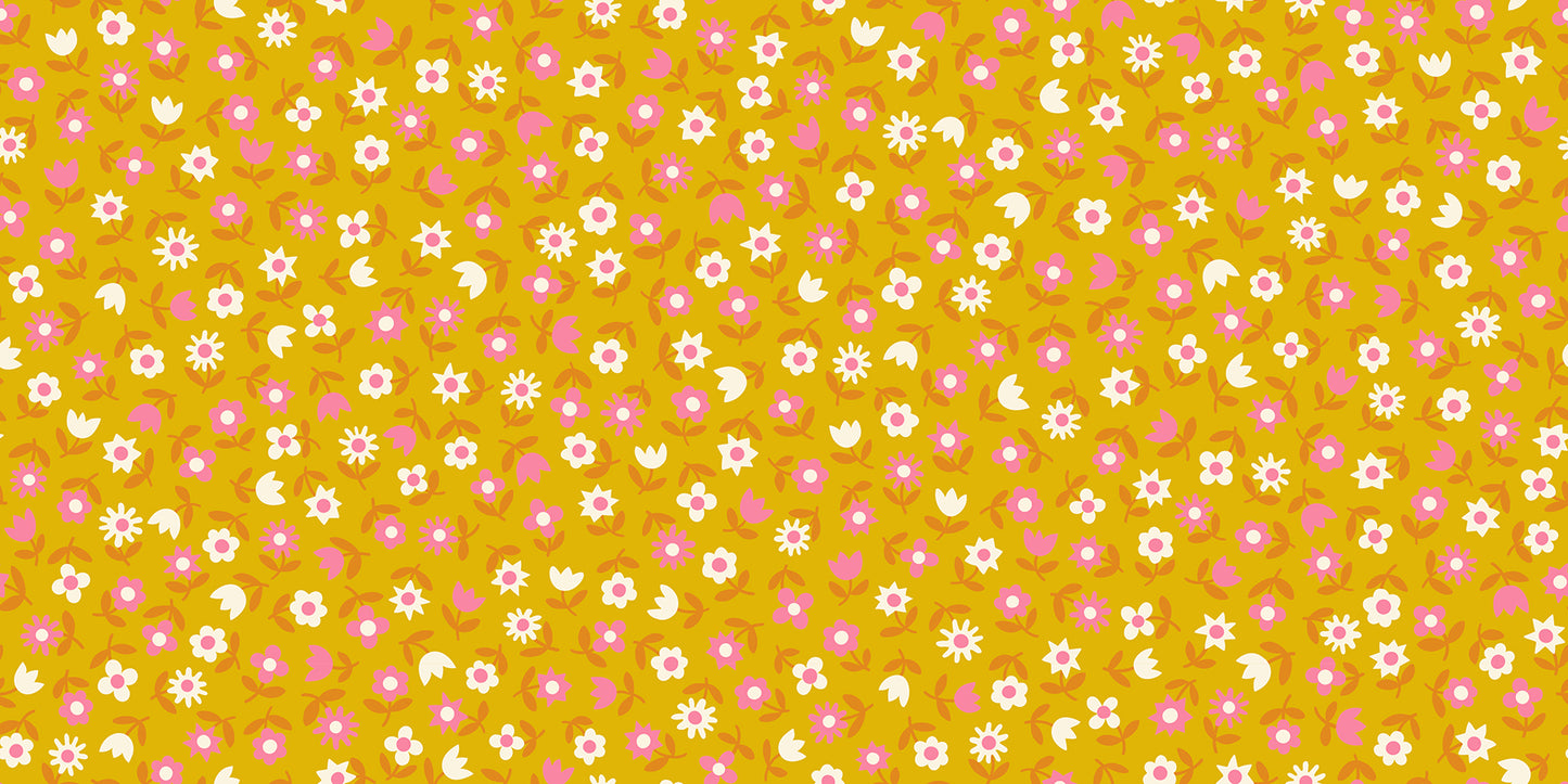 Picture Book 30's Floral Goldenrod RS307212 by Kimberly Kight for Ruby Star Society (sold in 25cm increments)