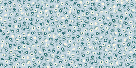 Picture Book 30's Floral Water Blue RS307215 by Kimberly Kight for Ruby Star Society (sold in 25cm increments)