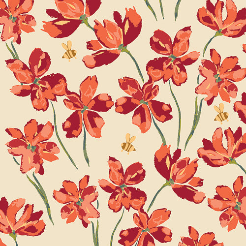 Pattern of red and orange flowers with green stems on a beige background