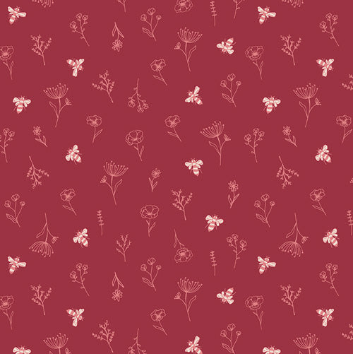 Pattern of small flowers and leaves on a red background