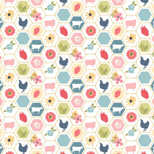 Sunshine and Chamomile Strawberry Patch White by Poppie Cotton (sold in 25cm increments)