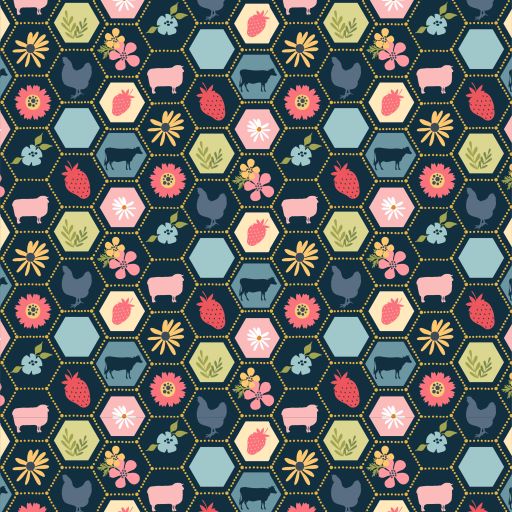 Sunshine and Chamomile Strawberry Patch Navy by Poppie Cotton (sold in 25cm increments)