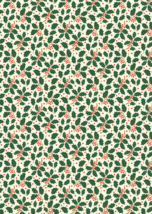 All is Bright Holly on Cream SH26A by Stuart Hillard for Lewis & Irene Fabrics (sold in 25cm increments)