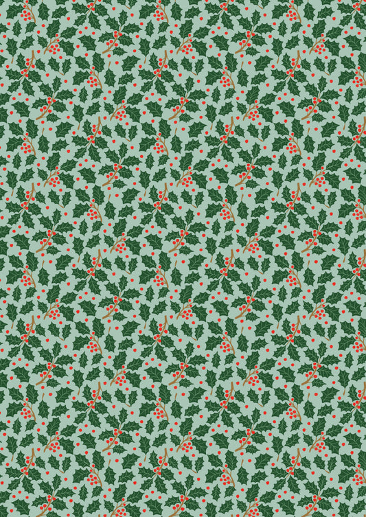 All is Bright Holly on Duck Egg SH26B by Stuart Hillard for Lewis & Irene Fabrics (sold in 25cm increments)