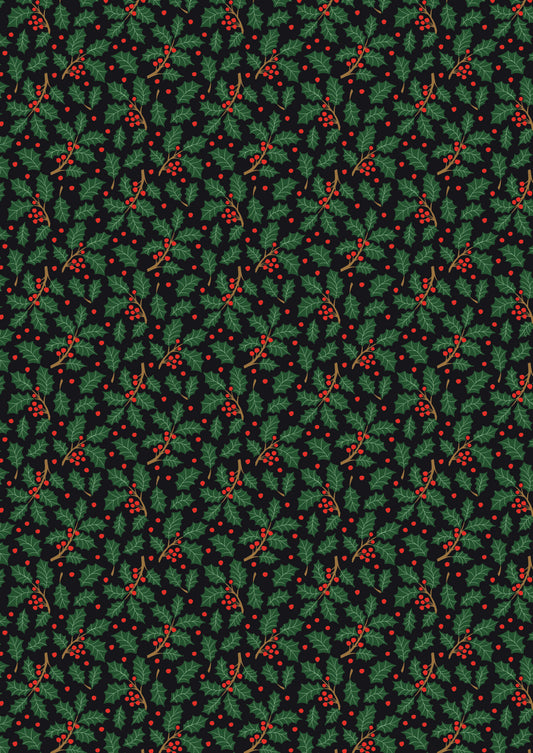 All is Bright Holly on Black SH26C by Stuart Hillard for Lewis & Irene Fabrics (sold in 25cm increments)